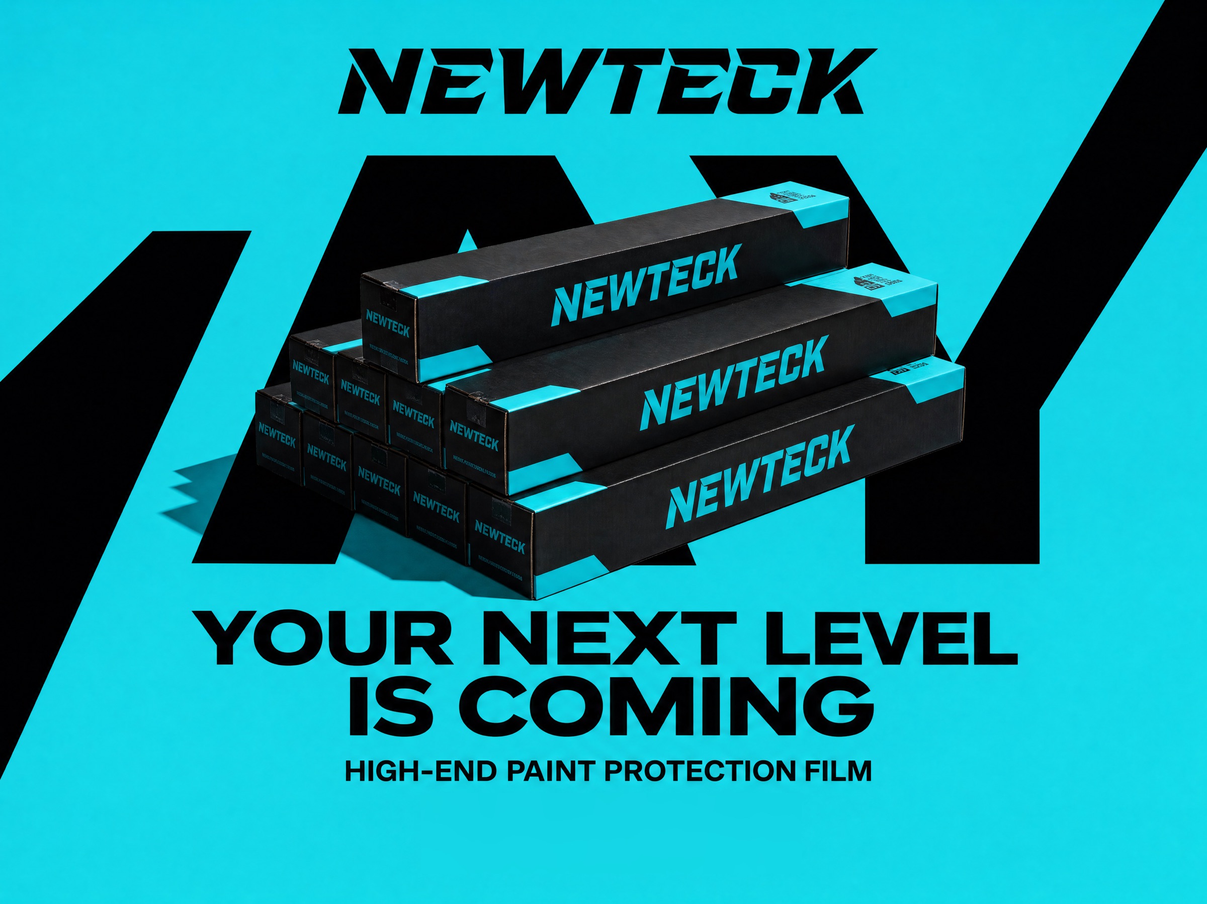 NEWTECK paint protection film boxes on a turquoise background with the headline Your next level is coming