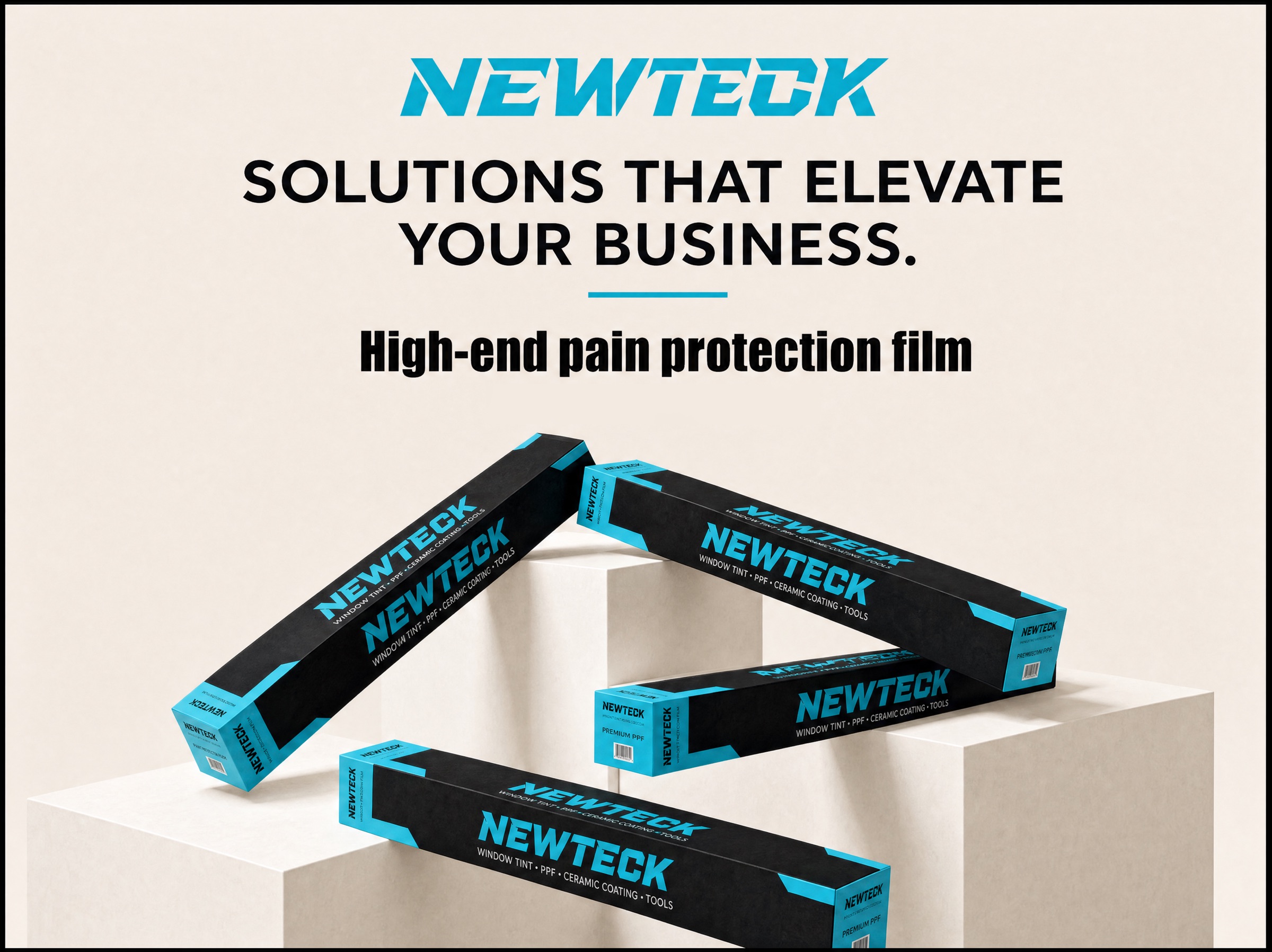 NEWTECK film boxes on cream steps with the headline Solutions that elevate your business